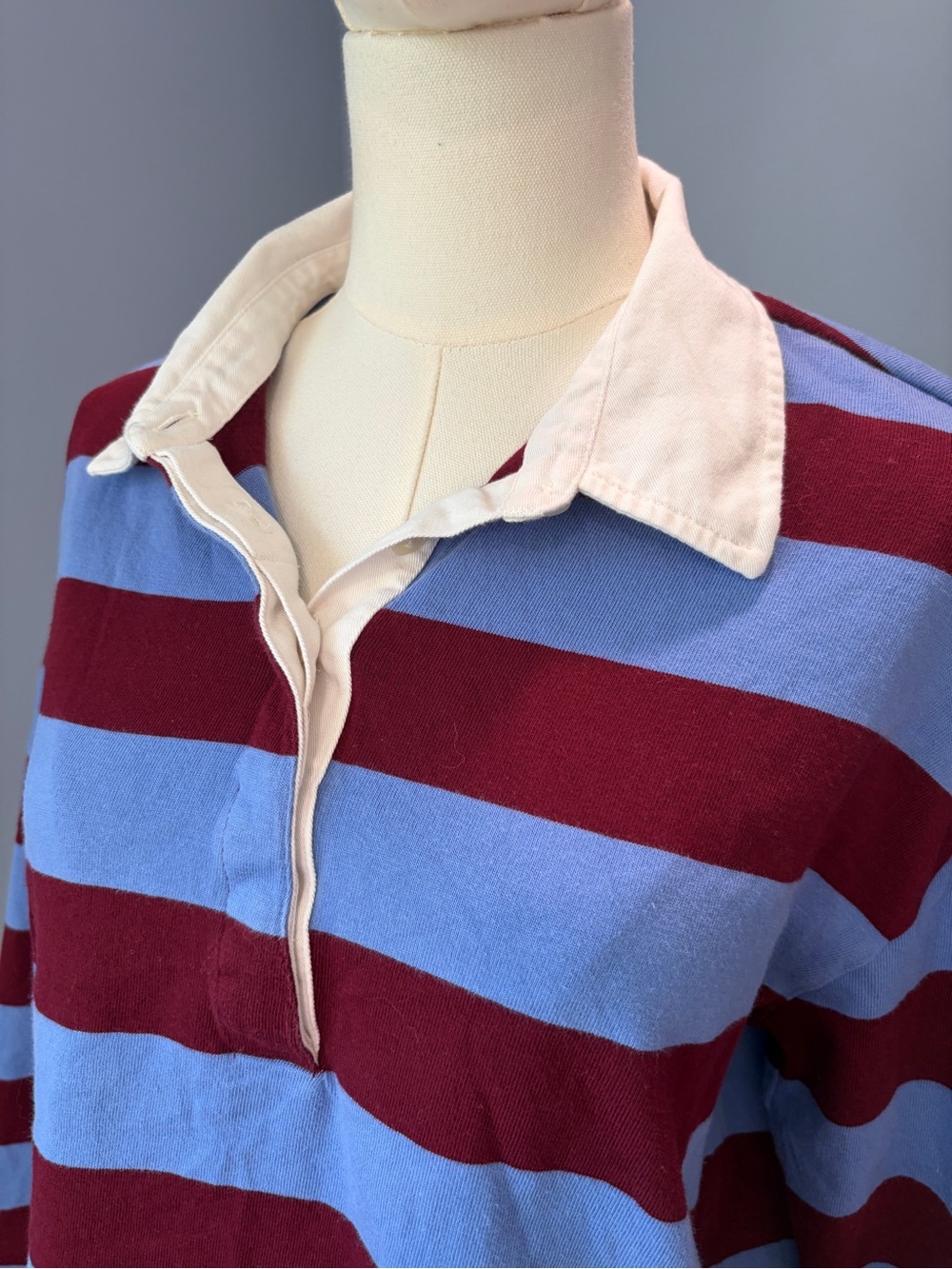 J.Crew Striped Rugby Shirt Burgundy Blue Cotton Collared Top Medium - Picture 4 of 8